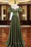 A-Line Scoop Neckline Puff Sleeves Satin Long Green Evening Prom Dress, Green Evening Dress