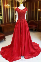 A-Line Scoop Neckline Satin Lace Burgundy Long Evening Prom Dress, Burgundy Lace Long Evening Dress