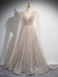 A-Line Scoop Neckline Tulle Champagne Long Classy Prom Dress, Champagne Sequin Prom Dress