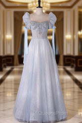 A-Line Scoop Neckline Tulle Light Blue Long Evening Prom Dress with Beads