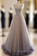 A-Line Scoop Neckline Tulle Long Evening Prom Dress with Beaded, Evening Party Dress