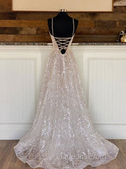 A line sequin long Evening Prom Dress, Champagne sequin evening Dress