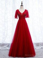 A-Line Sexy Burgundy Tulle V-neck Backless Beading Prom Dress