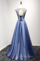 A Line Sheer Neck Rhinestones Long Tulle Evening Prom Dress Floor Length Beautiful
