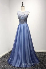 A Line Sheer Neck Rhinestones Long Tulle Evening Prom Dress Floor Length Beautiful