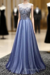 A Line Sheer Neck Rhinestones Long Tulle Evening Prom Dress Floor Length Beautiful