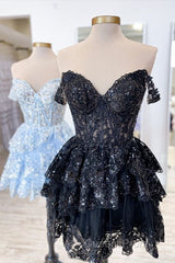 A-Line Short Black Evening Prom Dress Sheer Corset Bodice Homecoming Dress