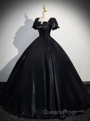 A-Line Short Sleeve Black Satin Long Evening Prom Dress, Black Long Formal Dress