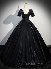 A-Line Short Sleeve Black Satin Long Evening Prom Dress, Black Long Formal Dress