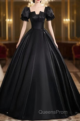A-Line Short Sleeve Black Satin Long Evening Prom Dress, Black Long Formal Dress