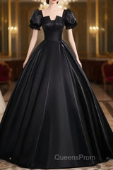 A-Line Short Sleeve Black Satin Long Evening Prom Dress, Black Long Formal Dress