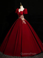 A-Line Short Sleeve Satin Lace Applique Burgundy Long Evening Prom Dress