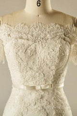 A-Line Short Sleeve Waist Lace Wedding Dress With Appliques Beading