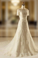 A-Line Short Sleeve Waist Lace Wedding Dress With Appliques Beading
