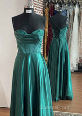 A-Line Silk Like Emerald Green Satin Evening Prom Dress Ruched Pleated