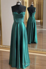 A-Line Silk Like Emerald Green Satin Evening Prom Dress Ruched Pleated