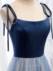 A Line Sleeveless Floor Length Blue Evening Prom Dress, Blue Long Formal Bridesmaid Evening Dress