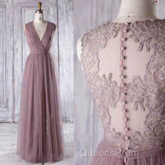 A-Line Sleeveless Tulle Sheath V Neck Tulle Lace Bridesmaid Dress