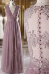 A-Line Sleeveless Tulle Sheath V Neck Tulle Lace Bridesmaid Dress