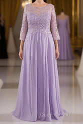 Lilac A-Line 3/4 Sleeves Scoop Lace Evening Prom Dress