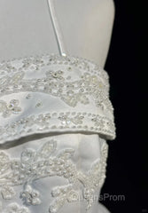 A-Line Spaghetti Strap Beaded Satin Long Evening Prom Dress White Wedding Dress Graduation Evening Prom Dress