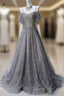 A-Line Spaghetti Strap Mesh Sequin Long Evening Prom Dress Graduation Evening Prom Adult Ceremony Dress