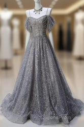 A-Line Spaghetti Strap Mesh Sequin Long Evening Prom Dress Graduation Evening Prom Adult Ceremony Dress