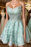 A-Line Spaghetti Straps Backless Mint Green Lace Short Evening Prom Dress, Backless Mint Green Lace Formal Graduation Homecoming Dress