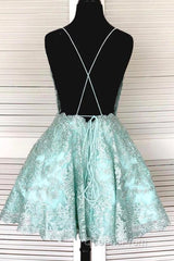 A-Line Spaghetti Straps Backless Mint Green Lace Short Evening Prom Dress, Backless Mint Green Lace Formal Graduation Homecoming Dress