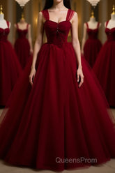 A Line Spaghetti Straps Beaded Burgundy Tulle Long Evening Prom Dress, Long Burgundy Formal Evening Dress