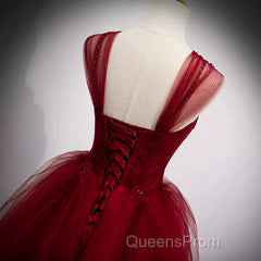 A Line Spaghetti Straps Beaded Burgundy Tulle Long Evening Prom Dress, Long Burgundy Formal Evening Dress
