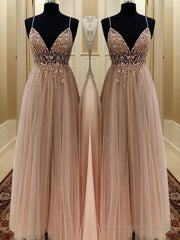 A-line Spaghetti Straps Beading Floor-Length Tulle Dress