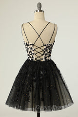 A Line Spaghetti Straps Black Homecoming Dress Short Evening Prom Dress with Appliques