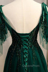 A-Line Spaghetti Straps Dark Green Evening Prom Dress with Beading
