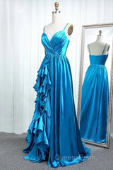 A Line Spaghetti Straps Satin Evening Prom Dress With Slit And Flounced