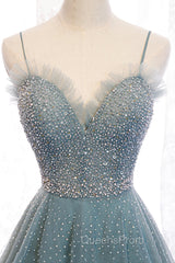 A-Line Spaghetti Straps Tulle Beaded Long Evening Prom Dress, Cute Evening Party Dress