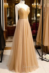 A-Line Spaghetti Straps Tulle Beaded Long Evening Prom Dress, Evening Party Dress