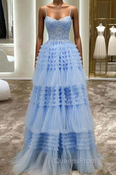 A-Line Spaghetti Straps Tulle Long Evening Prom Dress