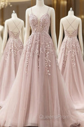A-line Spaghetti Straps Tulle Evening Prom Dress with Appliques