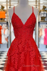 A Line Spaghetti Straps V Neck Red Lace Long Evening Prom Dress, Red Lace Formal Dress, Red Evening Dress