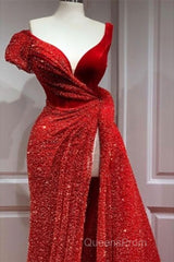 A-Line Sparkle & Shine High Split Evening Prom Formal Evening Dress V Neck Short Sleeve Court Train Satin With Sequin Slit