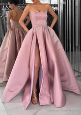 A-line Square Neckline Long/Floor-Length Satin Prom Dresses With Pockets Split