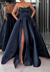 A-line Square Neckline Long/Floor-Length Satin Prom Dresses With Pockets Split