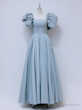 A-Line Square Neckline Puff sleeves Long Blue Prom Dress, Blue Long Formal Dress