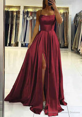 A-line Square Neckline Sleeveless Satin Sweep Train Prom Dresses With Pleated