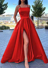 A-line Square Neckline Spaghetti Straps Long/Floor-Length Satin Prom Dresses With Split Pockets
