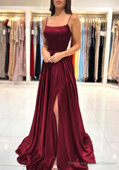 A-line Square Neckline Spaghetti Straps Sweep Train Charmeuse Prom Dresses With Split