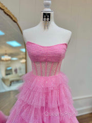 A Line Strapless Corset Glitter Tulle Evening Prom Dress with Ruffles