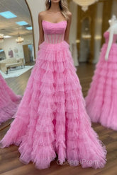 A Line Strapless Corset Glitter Tulle Evening Prom Dress with Ruffles