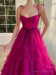 A Line Strapless Fuchsia Tiered Long Tulle Prom Dress